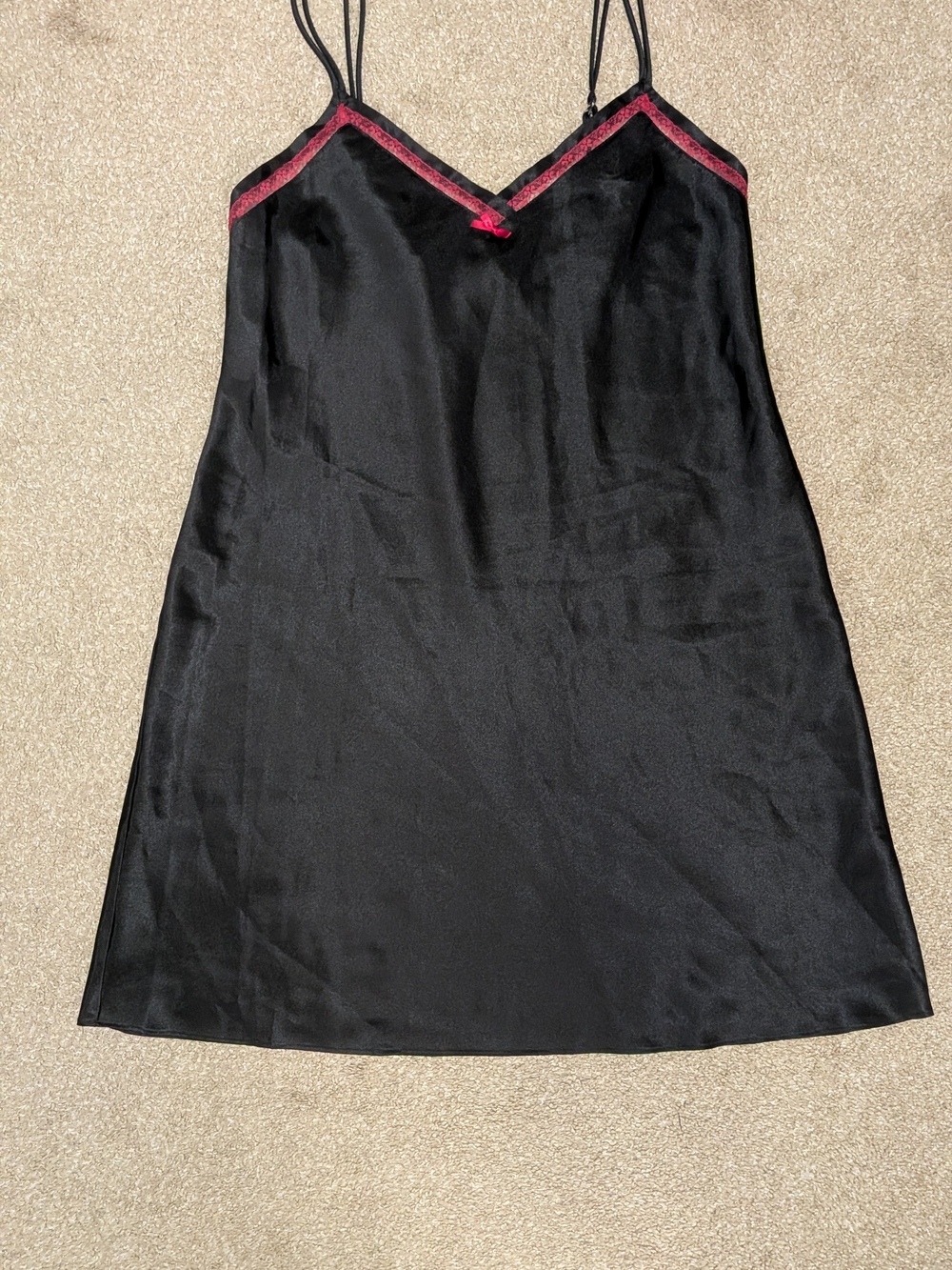 Black Satin Slip Dress with Red Trim - Women's Intimates